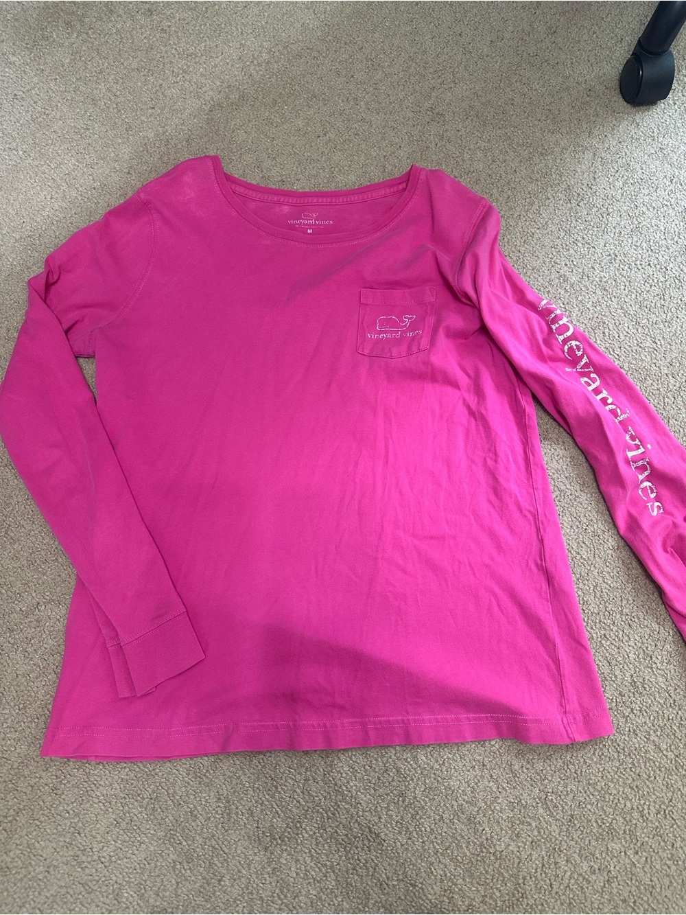 Vineyard Vines womens Bright Pink Long Sleeve Pocket Tee with Sleeve Script